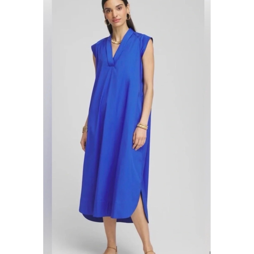 NWT Chicos Rich Cobalt Blue High Low Maxi Dress 3P XL Petite Poplin V-Neck